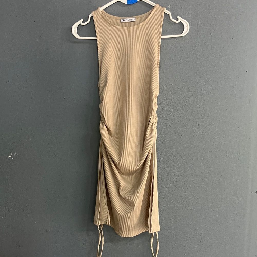 ZARA Tan High Neck Sleeveless Gathered Mini Bodycon Vacation Beach Dress Small #